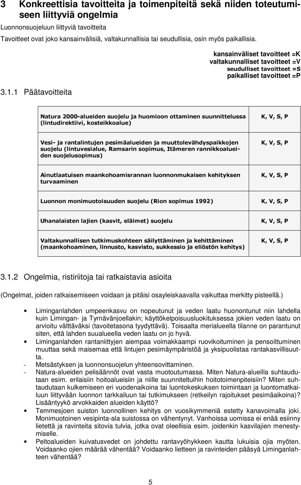 1 äätavoitteita kansainväliset tavoitteet =K valtakunnalliset tavoitteet =V seudulliset tavoitteet =S paikalliset tavoitteet = Natura 2000-alueiden suojelu ja huomioon ottaminen suunnittelussa