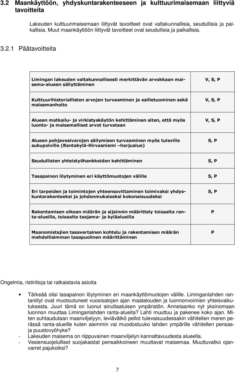 1 äätavoitteita Limingan lakeuden valtakunnallisesti merkittävän arvokkaan maisema-alueen säilyttäminen V, Kulttuurihistoriallisten arvojen turvaaminen ja esilletuominen sekä maisemanhoito V, Alueen