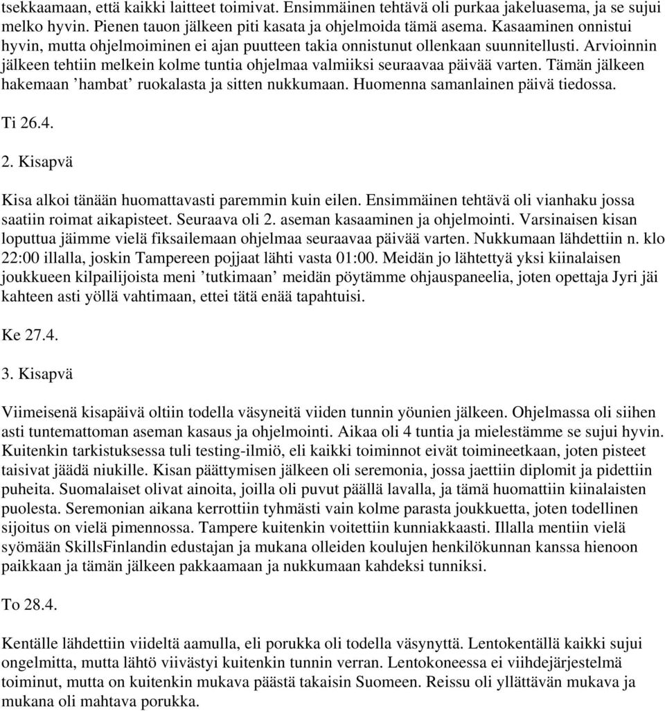 Tämän jälkeen hakemaan hambat ruokalasta ja sitten nukkumaan. Huomenna samanlainen päivä tiedossa. Ti 26.4. 2. Kisapvä Kisa alkoi tänään huomattavasti paremmin kuin eilen.