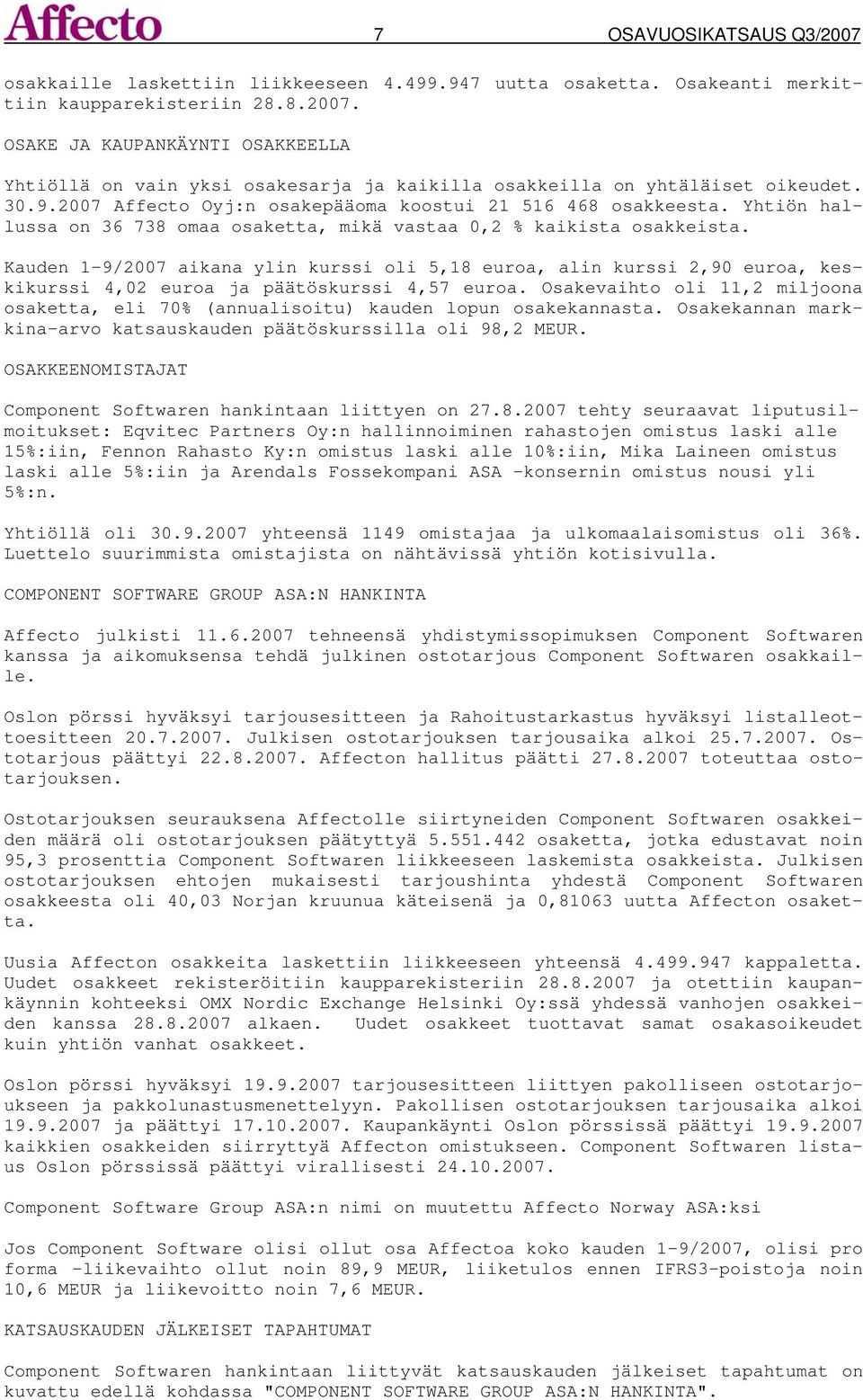 Kauden 1-9/2007 aikana ylin kurssi oli 5,18 euroa, alin kurssi 2,90 euroa, keskikurssi 4,02 euroa ja päätöskurssi 4,57 euroa.