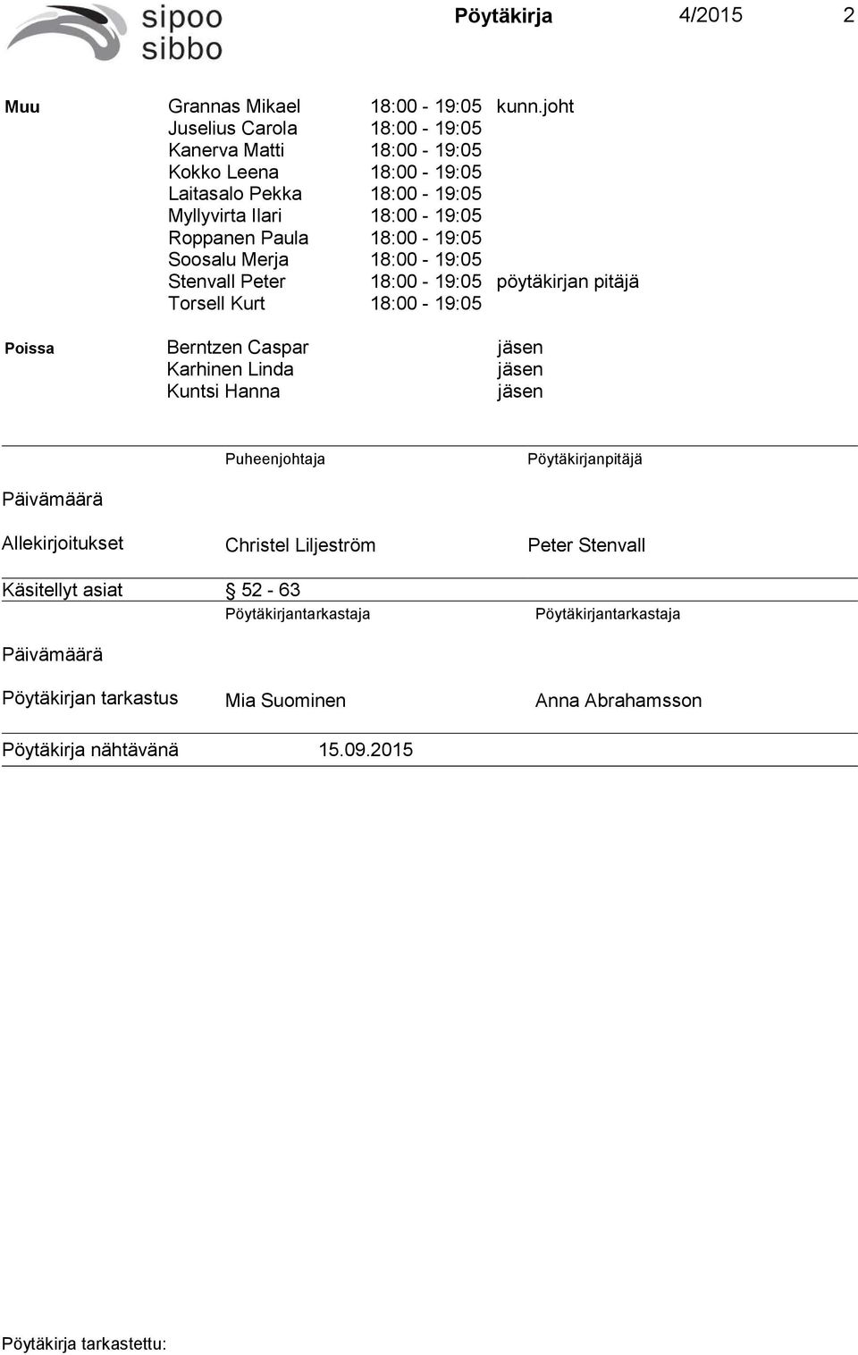 18:00-19:05 Soosalu Merja 18:00-19:05 Stenvall Peter 18:00-19:05 pöytäkirjan pitäjä Torsell Kurt 18:00-19:05 Poissa Berntzen Caspar jäsen Karhinen Linda jäsen