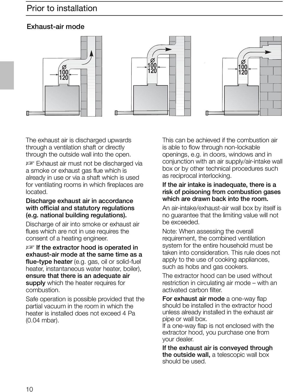 Discharge exhaust air in accordance with official and statutory regulations (e.g. national building regulations).