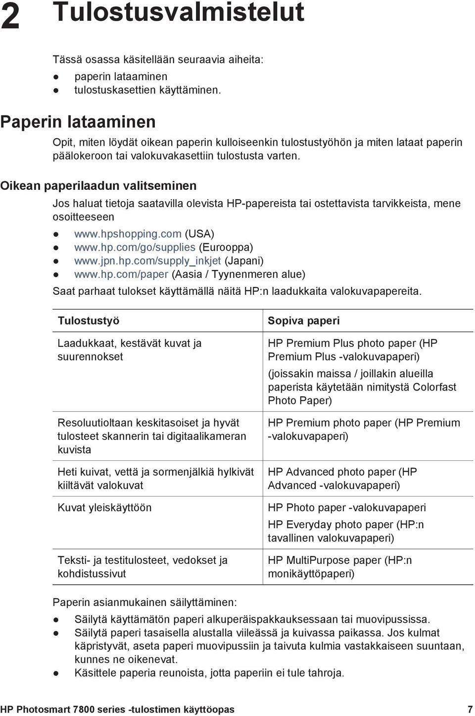 Oikean paperilaadun valitseminen Jos haluat tietoja saatavilla olevista HP-papereista tai ostettavista tarvikkeista, mene osoitteeseen www.hpshopping.com (USA) www.hp.com/go/supplies (Eurooppa) www.