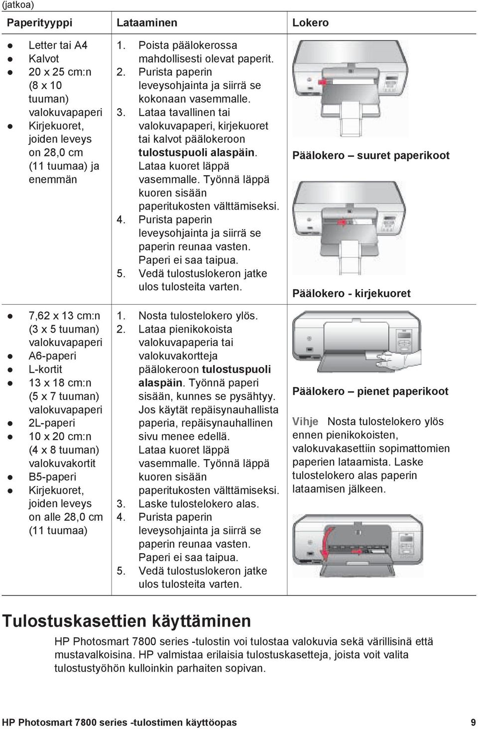 Lataa tavallinen tai valokuvapaperi, kirjekuoret tai kalvot päälokeroon tulostuspuoli alaspäin. Lataa kuoret läppä vasemmalle. Työnnä läppä kuoren sisään paperitukosten välttämiseksi. 4.