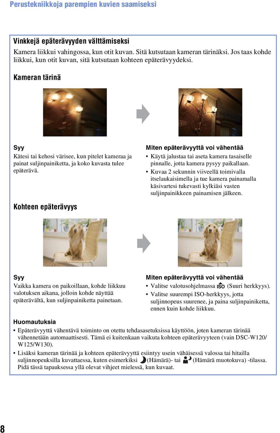 Kameran tärinä Syy Kätesi tai kehosi värisee, kun pitelet kameraa ja painat suljinpainiketta, ja koko kuvasta tulee epäterävä.