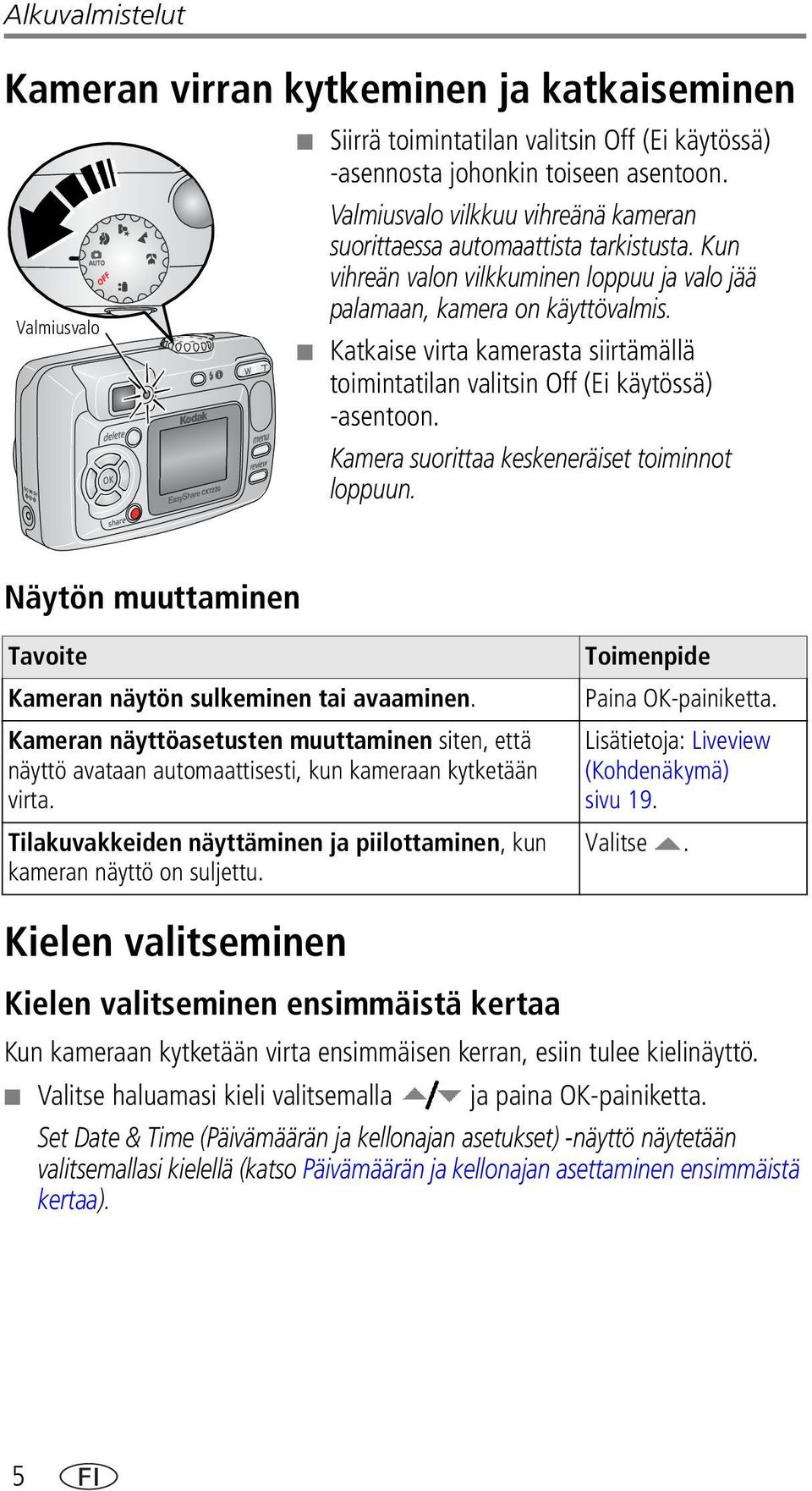 Katkaise virta kamerasta siirtämällä toimintatilan valitsin Off (Ei käytössä) -asentoon. Kamera suorittaa keskeneräiset toiminnot loppuun.