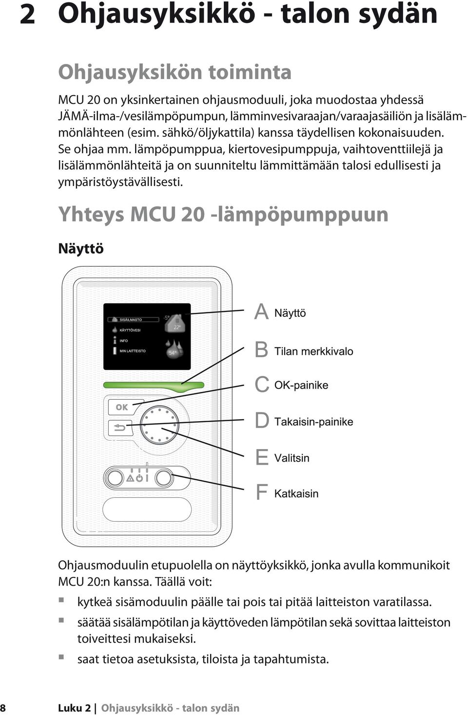 lämpöpumppua, kiertovesipumppuja, vaihtoventtiilejä ja lisälämmönlähteitä ja on suunniteltu lämmittämään talosi edullisesti ja ympäristöystävällisesti.