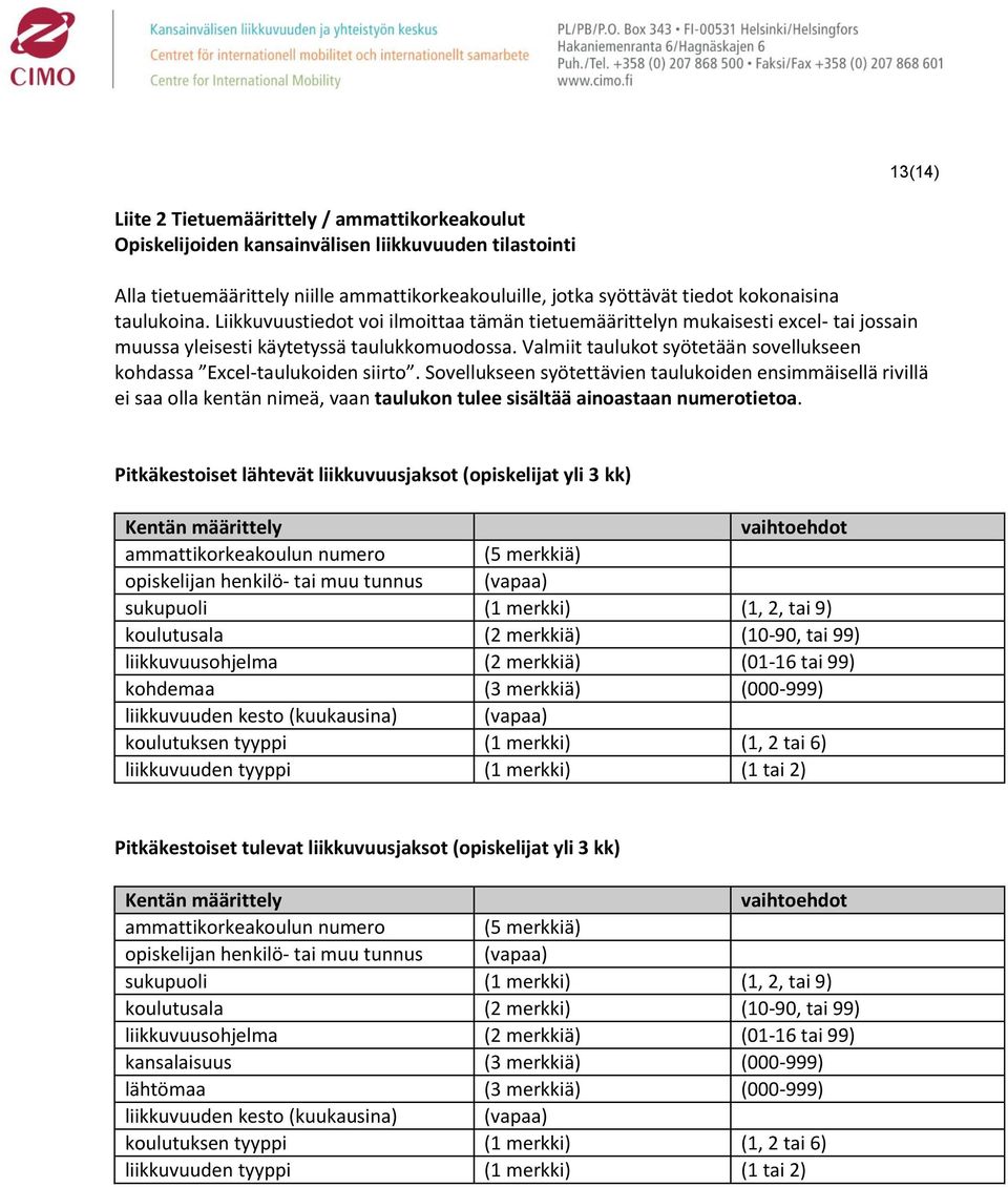 Valmiit taulukot syötetään sovellukseen kohdassa Excel-taulukoiden siirto.