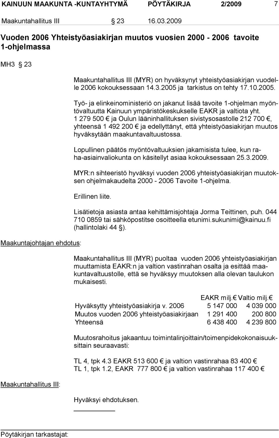 vuodelle 2006 kokouk sessaan 14.3.2005 ja tarkis tus on tehty 17.10.2005. Työ- ja elinkeinoministeriö on jakanut lisää tavoite 1-ohjelman myöntövaltuutta Kainuun ym päristökeskukselle EAKR ja valtiota yht.