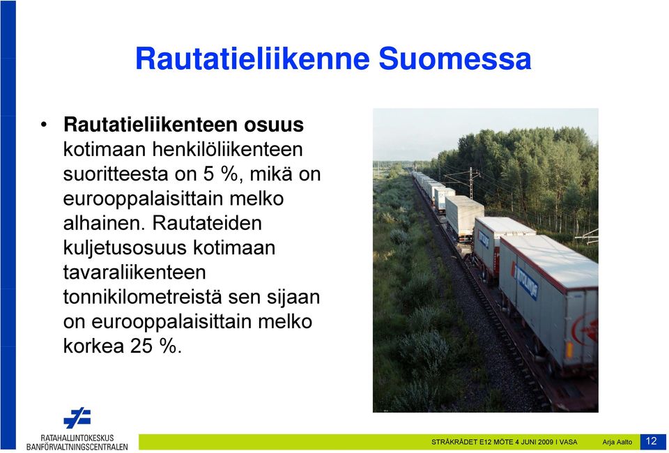 Rautateiden kuljetusosuus kotimaan tavaraliikenteen tonnikilometreistä i sen