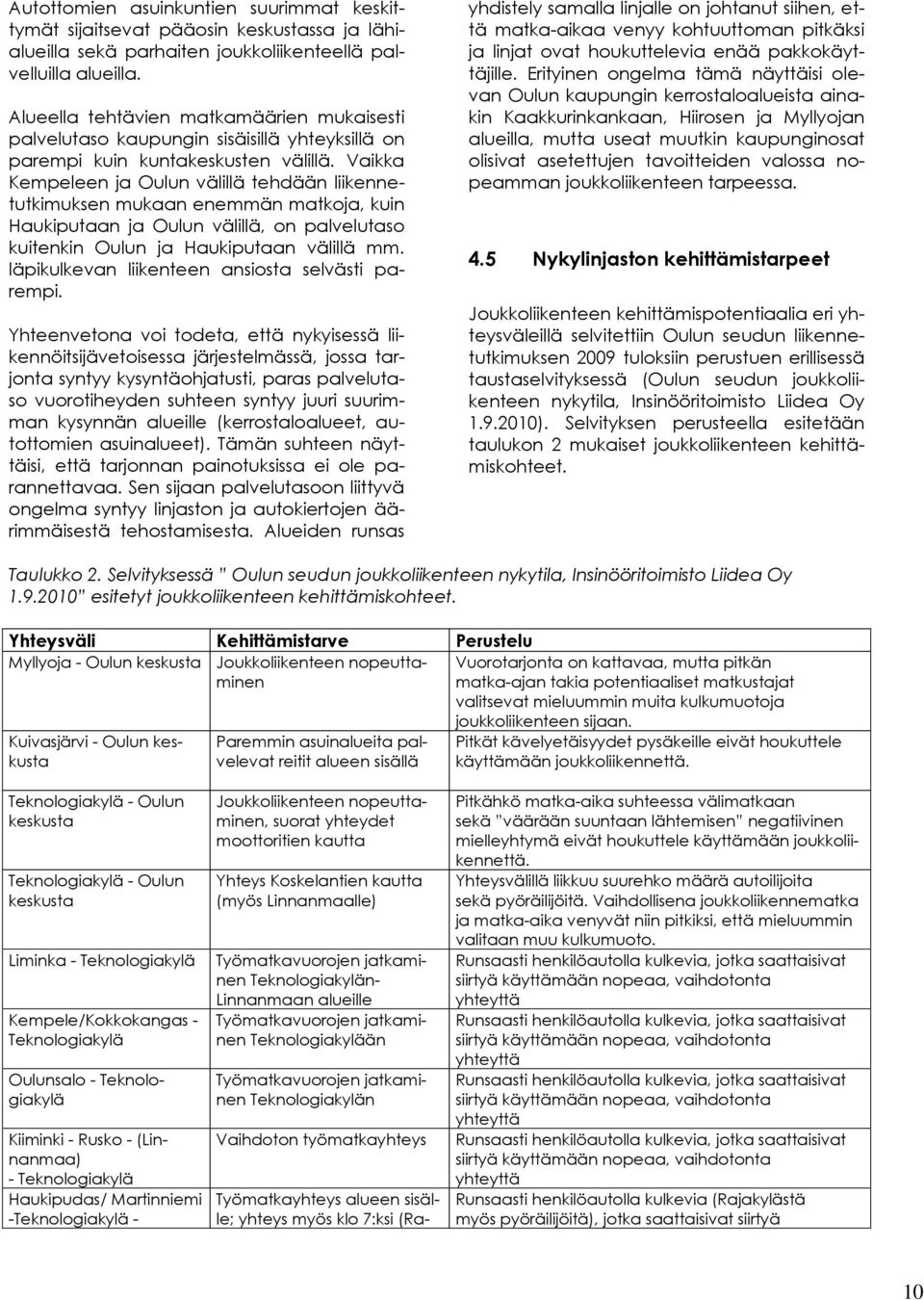 Vaikka Kempeleen ja Oulun välillä tehdään liikennetutkimuksen mukaan enemmän matkoja, kuin Haukiputaan ja Oulun välillä, on palvelutaso kuitenkin Oulun ja Haukiputaan välillä mm.