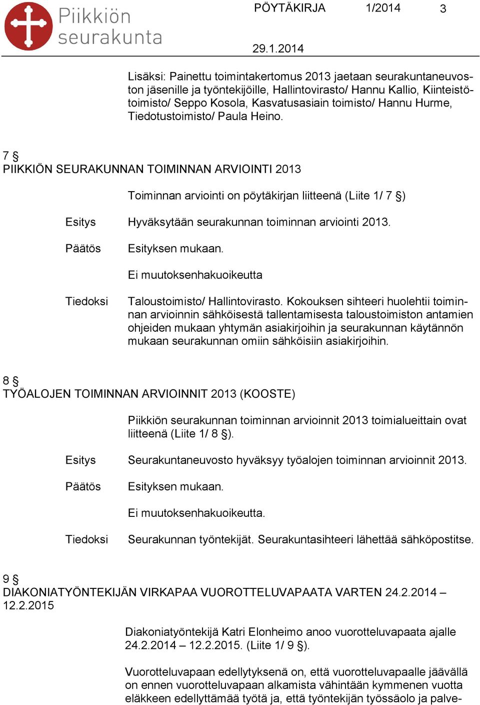 7 PIIKKIÖN SEURAKUNNAN TOIMINNAN ARVIOINTI 2013 Toiminnan arviointi on pöytäkirjan liitteenä (Liite 1/ 7 ) Hyväksytään seurakunnan toiminnan arviointi 2013.