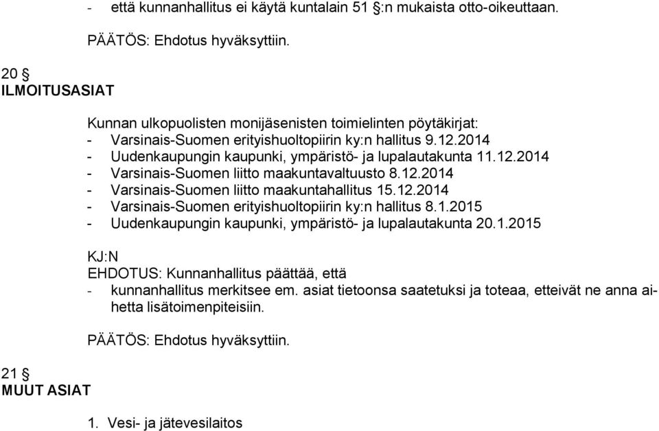 2014 - Uudenkaupungin kaupunki, ympäristö- ja lupalautakunta 11.12.2014 - Varsinais-Suomen liitto maakuntavaltuusto 8.12.2014 - Varsinais-Suomen liitto maakuntahallitus 15.