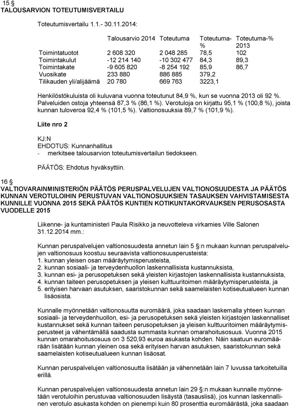 Vuosikate 233 880 886 885 379,2 Tilikauden yli/alijäämä 20 780 669 763 3223,1 Henkilöstökuluista oli kuluvana vuonna toteutunut 84,9 %, kun se vuonna 2013 oli 92 %.