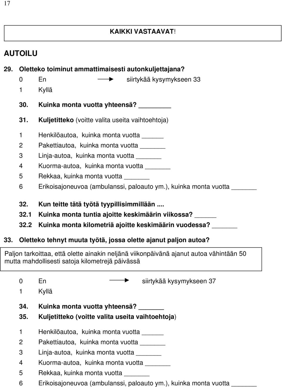 Rekkaa, kuinka monta vuotta 6 Erikoisajoneuvoa (ambulanssi, paloauto ym.), kuinka monta vuotta 32. Kun teitte tätä työtä tyypillisimmillään... 32.1 Kuinka monta tuntia ajoitte keskimäärin viikossa?