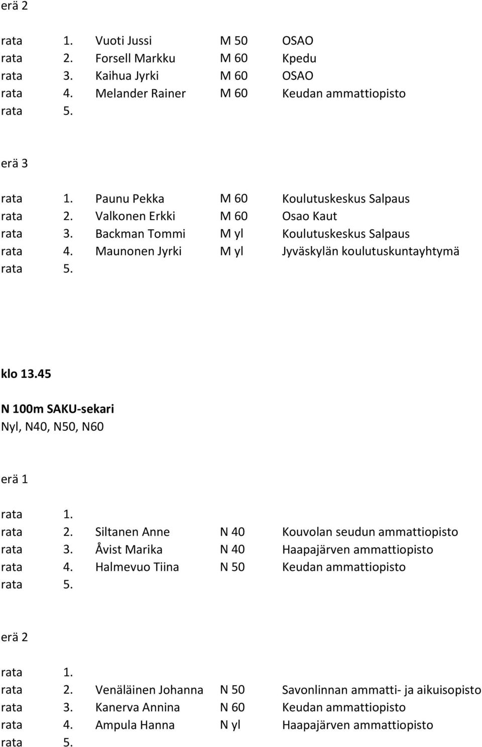 Backman Tommi M yl Koulutuskeskus Salpaus rata 4. Maunonen Jyrki M yl Jyväskylän koulutuskuntayhtymä klo 13.45 N 100m SAKU-sekari Nyl, N40, N50, N60 rata 2.