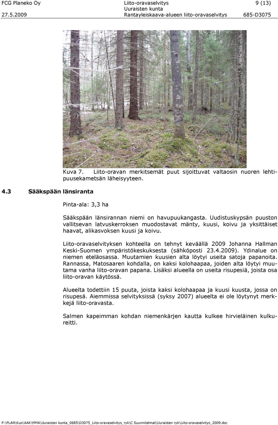 Liito-oravaselvityksen kohteella on tehnyt keväällä 2009 Johanna Hallman Keski-Suomen ympäristökeskuksesta (sähköposti 23.4.2009). Ydinalue on niemen eteläosassa.