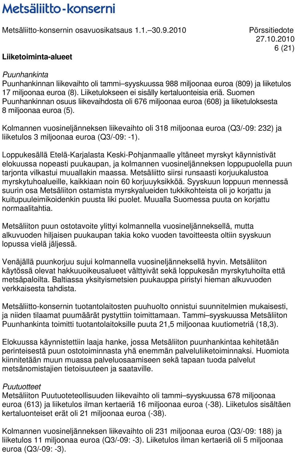 Kolmannen vuosineljänneksen liikevaihto oli 318 miljoonaa euroa (Q3/-09: 232) ja liiketulos 3 miljoonaa euroa (Q3/-09: -1).