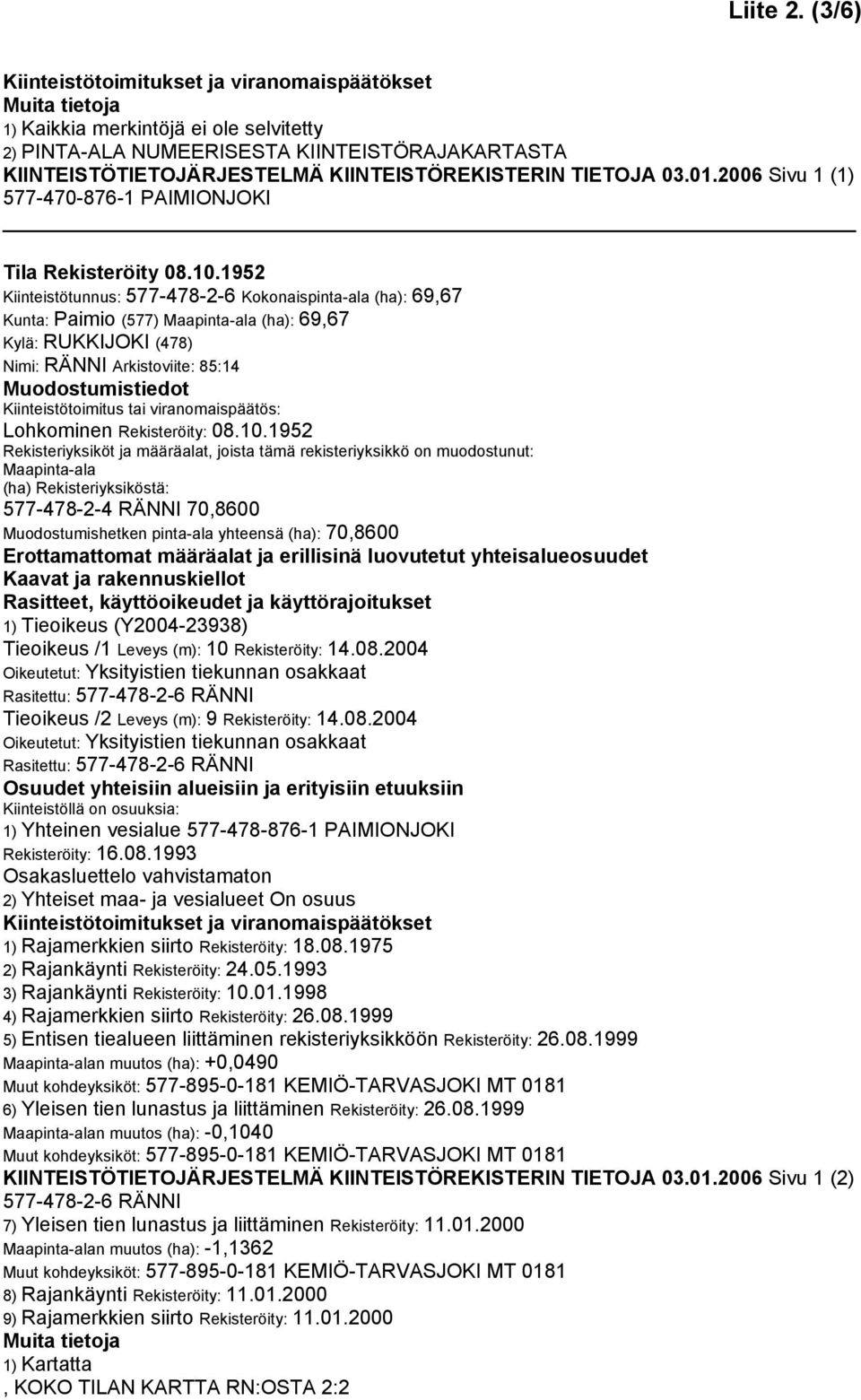 1952 Maapinta-ala Rekisteriyksiköstä: 577-478-2-4 RÄNNI 70,8600 Muodostumishetken pinta-ala yhteensä : 70,8600 1) Tieoikeus (Y2004-23938) Tieoikeus /1 Leveys (m): 10 Rekisteröity: 14.08.