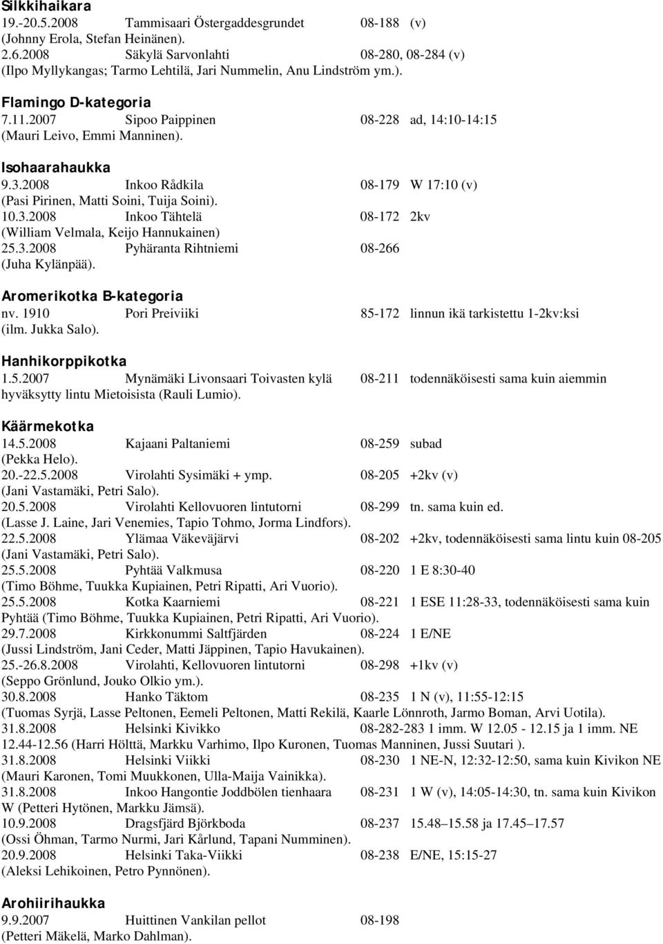2007 Sipoo Paippinen 08-228 ad, 14:10-14:15 (Mauri Leivo, Emmi Manninen). Isohaarahaukka 9.3.2008 Inkoo Rådkila 08-179 W 17:10 (v) (Pasi Pirinen, Matti Soini, Tuija Soini). 10.3.2008 Inkoo Tähtelä 08-172 2kv (William Velmala, Keijo Hannukainen) 25.