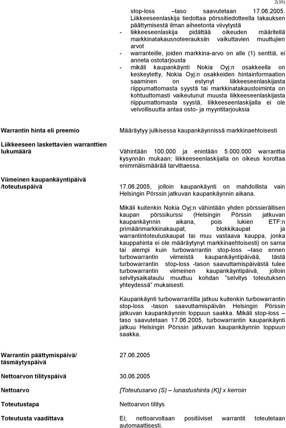 muuttujien arvot - warranteille, joiden markkina-arvo on alle (1) senttiä, ei anneta ostotarjousta - mikäli kaupankäynti Nokia Oyj:n osakkeella on keskeytetty, Nokia Oyj:n osakkeiden