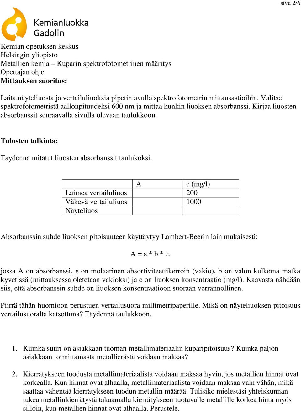 Tulosten tulkinta: Täydennä mitatut liuosten absorbanssit taulukoksi.
