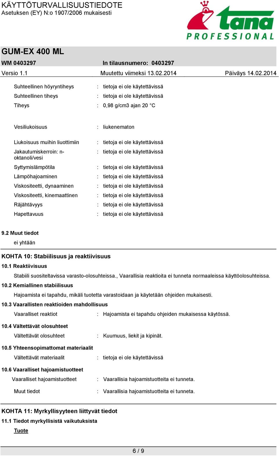 1 Reaktiivisuus Stabiili suositeltavissa varasto-olosuhteissa., Vaarallisia reaktioita ei tunneta normaaleissa käyttöolosuhteissa. 10.