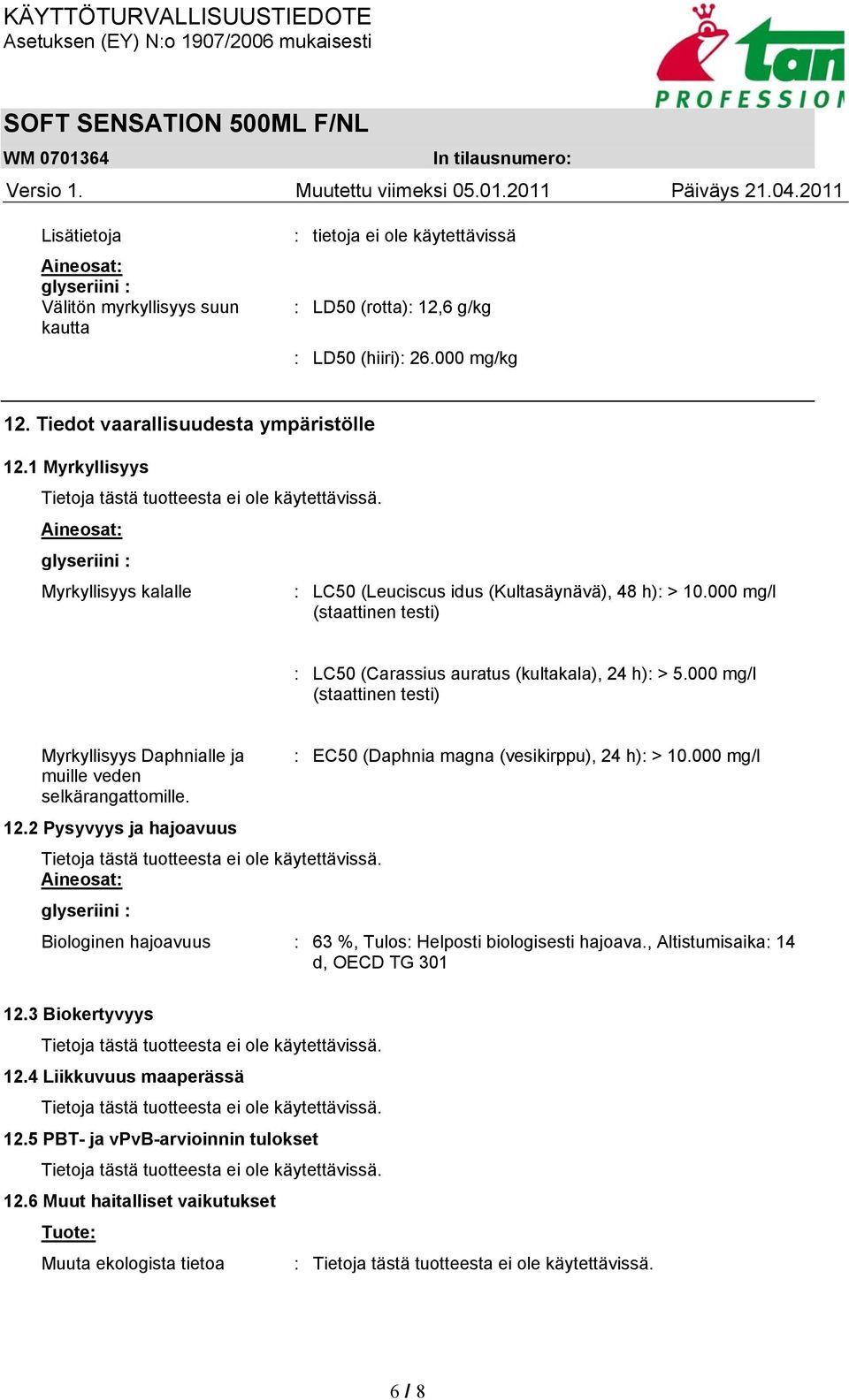 000 mg/l (staattinen testi) Myrkyllisyys Daphnialle ja : EC50 (Daphnia magna (vesikirppu), 24 h): > 10.000 mg/l muille veden selkärangattomille. 12.