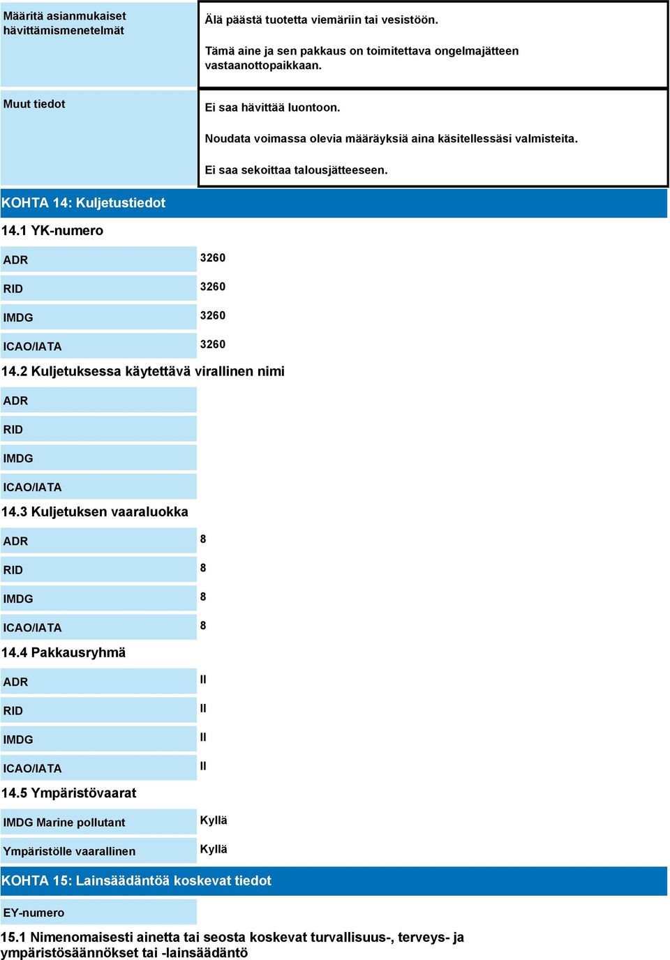 1 YK-numero ADR 3260 RID 3260 IMDG 3260 ICAO/IATA 3260 14.2 Kuljetuksessa käytettävä virallinen nimi ADR RID IMDG ICAO/IATA 14.3 Kuljetuksen vaaraluokka ADR 8 RID 8 IMDG 8 ICAO/IATA 8 14.