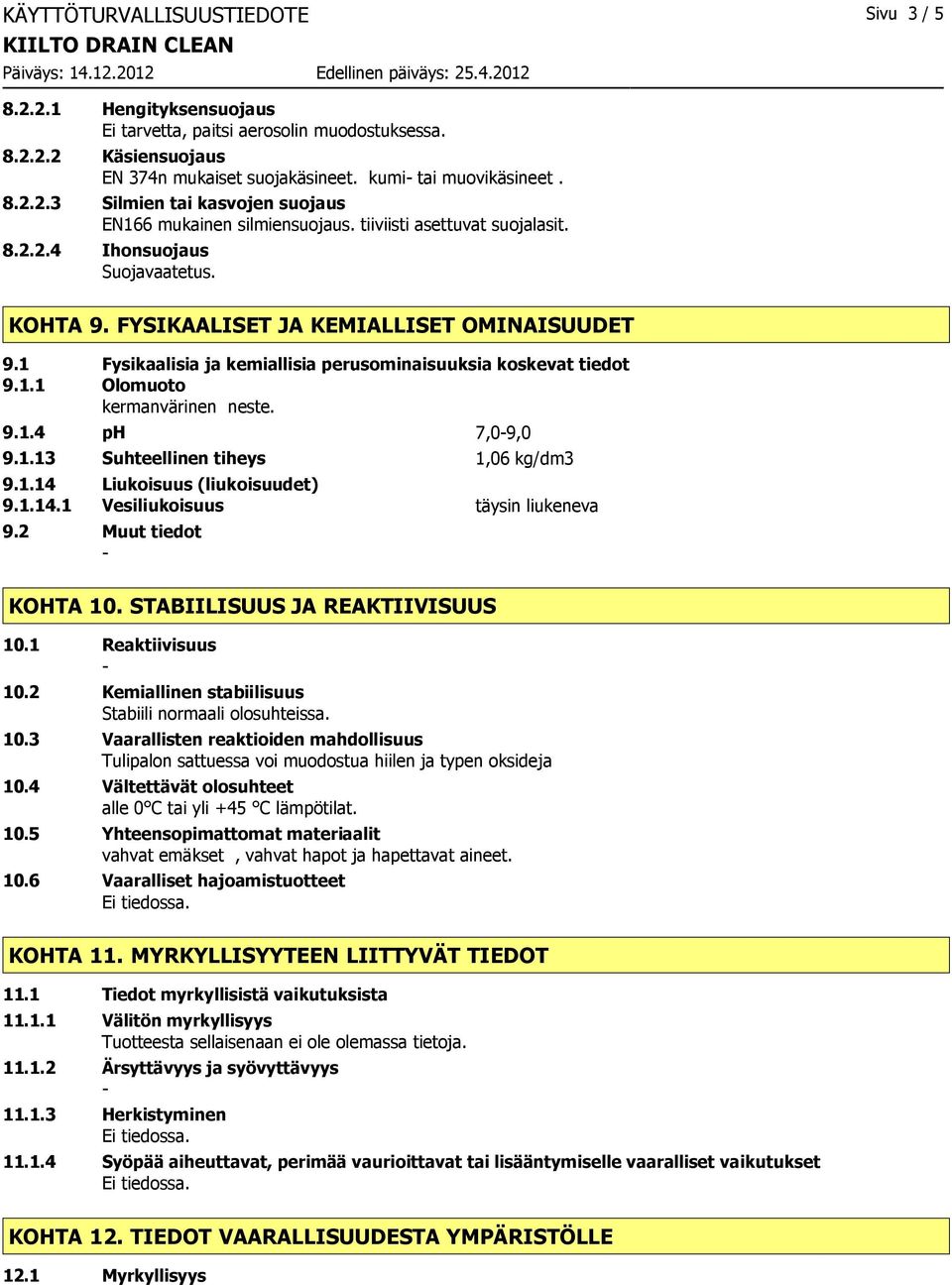 9.1.4 ph 7,09,0 9.1.13 Suhteellinen tiheys 1,06 kg/dm3 9.1.14 Liukoisuus (liukoisuudet) 9.1.14.1 Vesiliukoisuus täysin liukeneva 9.2 Muut tiedot KOHTA 10. STABIILISUUS JA REAKTIIVISUUS 10.