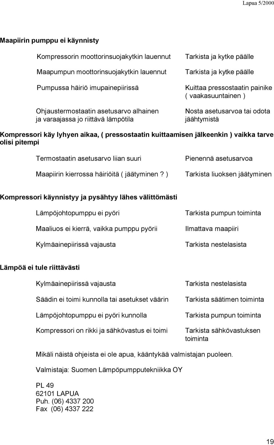 pressostaatin kuittaamisen jälkeenkin ) vaikka tarve olisi pitempi Termostaatin asetusarvo liian suuri Maapiirin kierrossa häiriöitä ( jäätyminen?