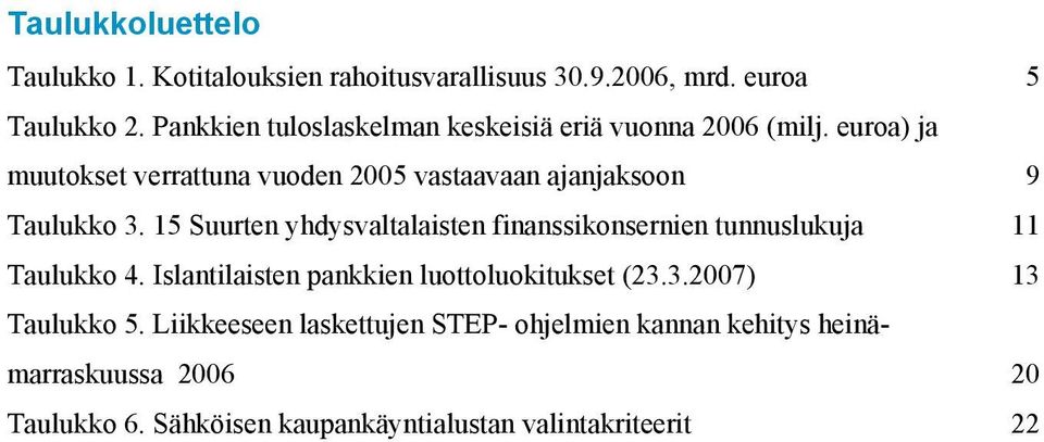 euroa) ja muutokset verrattuna vuoden 2005 vastaavaan ajanjaksoon 9 Taulukko 3.