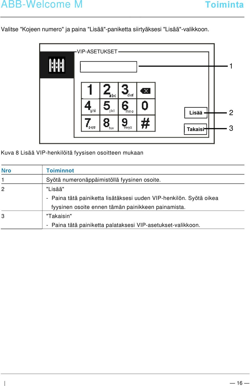 numeronäppäimistöllä fyysinen osoite. 2 "Lisää" - Paina tätä painiketta lisätäksesi uuden VIP-henkilön.