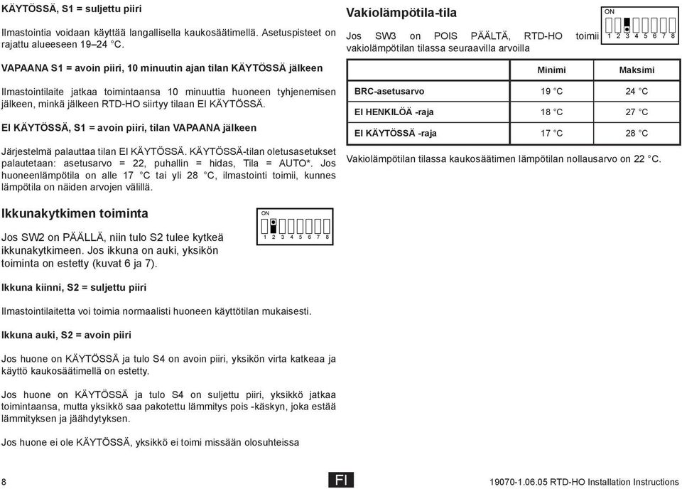 EI KÄYTÖSSÄ, S1 = avoin piiri, tilan VAPAANA jälkeen Järjestelmä palauttaa tilan EI KÄYTÖSSÄ. KÄYTÖSSÄ-tilan oletusasetukset palautetaan: asetusarvo = 22, puhallin = hidas, Tila = AUTO*.