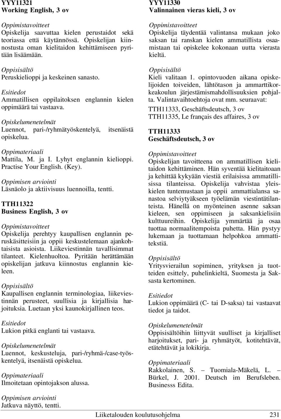 Peruskielioppi ja keskeinen sanasto. Ammatillisen oppilaitoksen englannin kielen oppimäärä tai vastaava. Luennot, pari-/ryhmätyöskentelyä, itsenäistä opiskelua. Mattila, M. ja I.