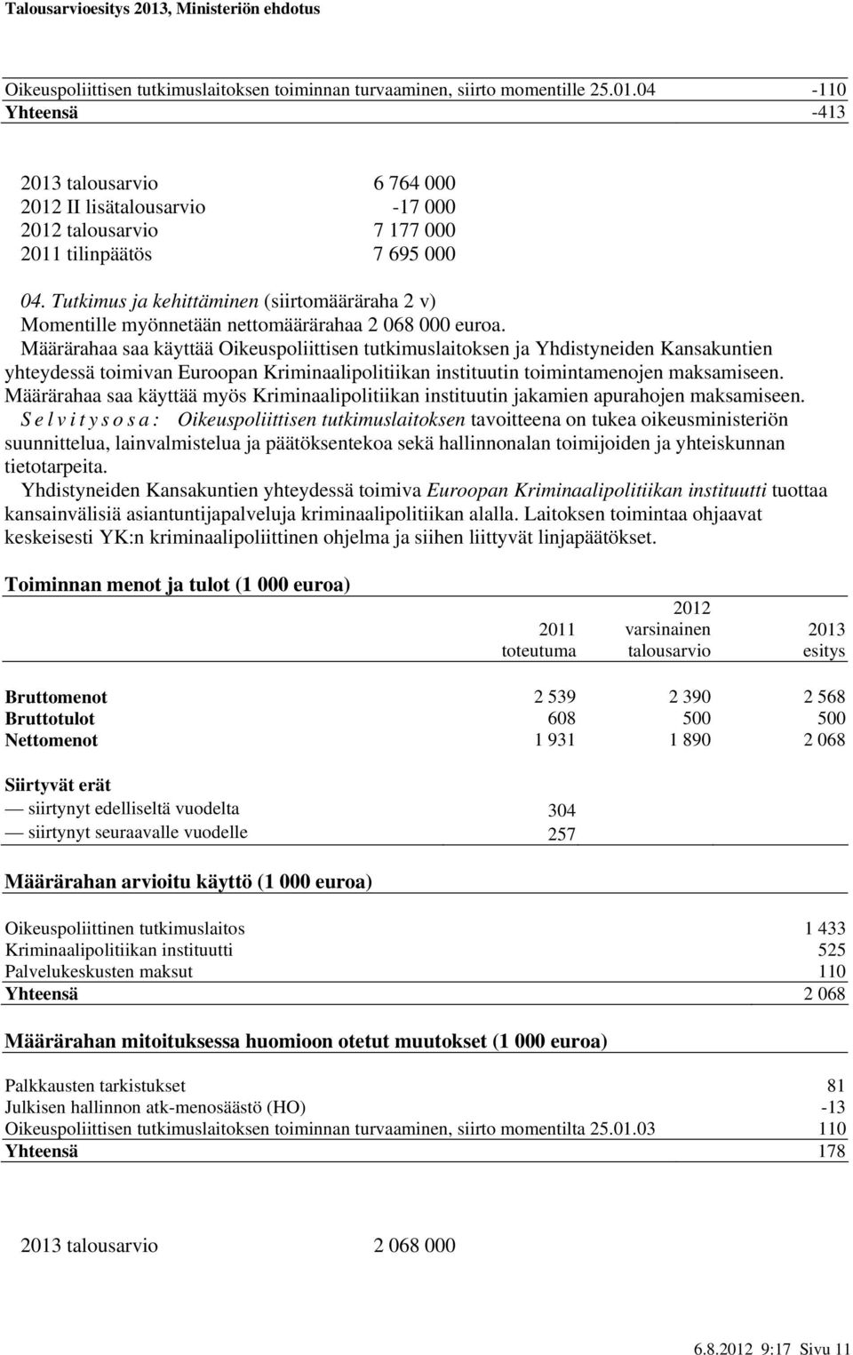 Määrärahaa saa käyttää Oikeuspoliittisen tutkimuslaitoksen ja Yhdistyneiden Kansakuntien yhteydessä toimivan Euroopan Kriminaalipolitiikan instituutin toimintamenojen maksamiseen.