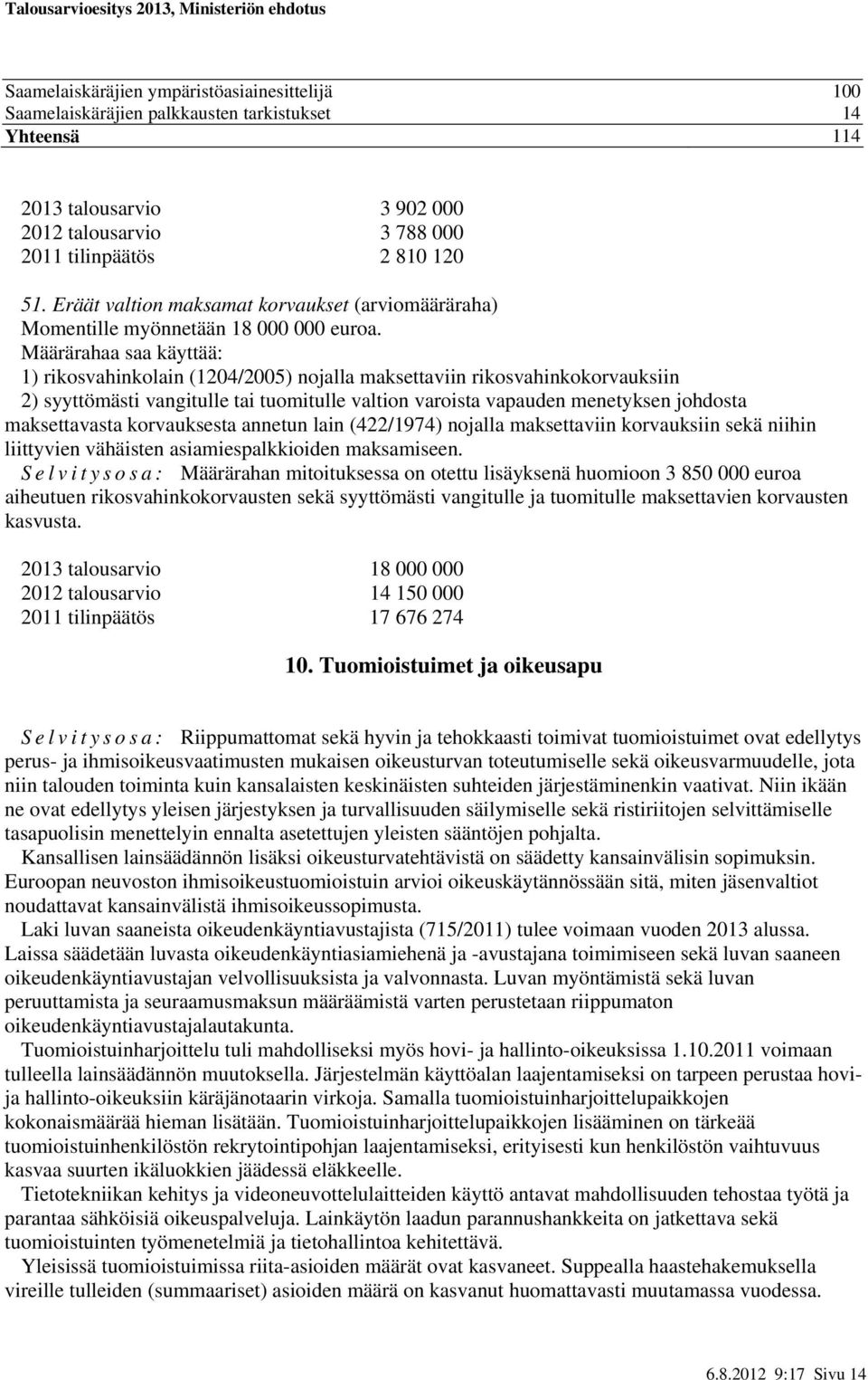 Määrärahaa saa käyttää: 1) rikosvahinkolain (1204/2005) nojalla maksettaviin rikosvahinkokorvauksiin 2) syyttömästi vangitulle tai tuomitulle valtion varoista vapauden menetyksen johdosta