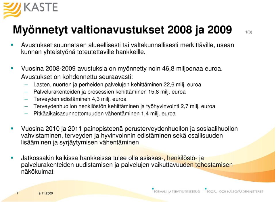 euroa Palvelurakenteiden ja prosessien kehittäminen 15,8 milj. euroa Terveyden edistäminen 4,3 milj. euroa Terveydenhuollon henkilöstön kehittäminen ja työhyvinvointi 2,7 milj.