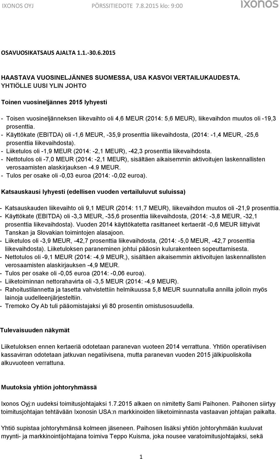 - Käyttökate (EBITDA) oli -1,6 MEUR, -35,9 prosenttia liikevaihdosta, (2014: -1,4 MEUR, -25,6 prosenttia liikevaihdosta). - Liiketulos oli -1,9 MEUR (2014: -2,1 MEUR), -42,3 prosenttia liikevaihdosta.