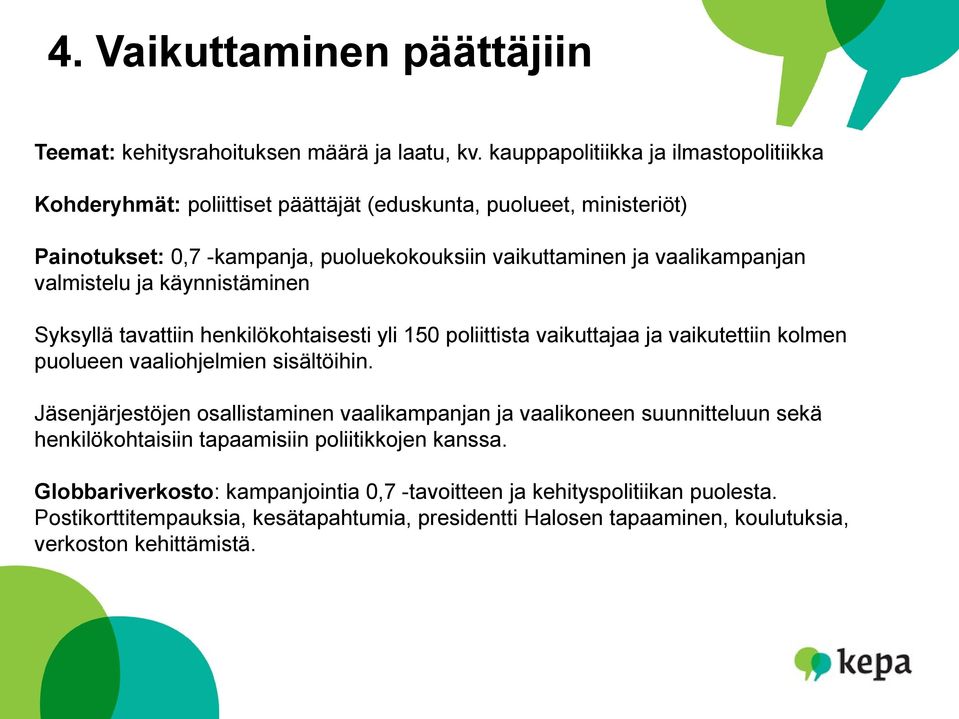 valmistelu ja käynnistäminen Syksyllä tavattiin henkilökohtaisesti yli 150 poliittista vaikuttajaa ja vaikutettiin kolmen puolueen vaaliohjelmien sisältöihin.