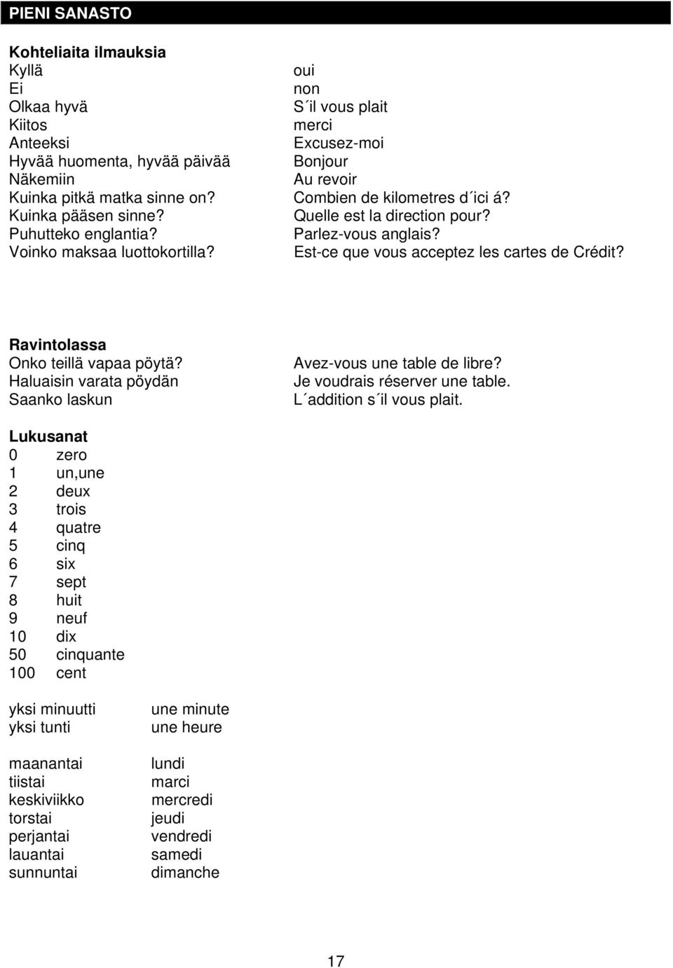 Ravintolassa Onko teillä vapaa pöytä? Haluaisin varata pöydän Saanko laskun Avez-vous une table de libre? Je voudrais réserver une table. L addition s il vous plait.