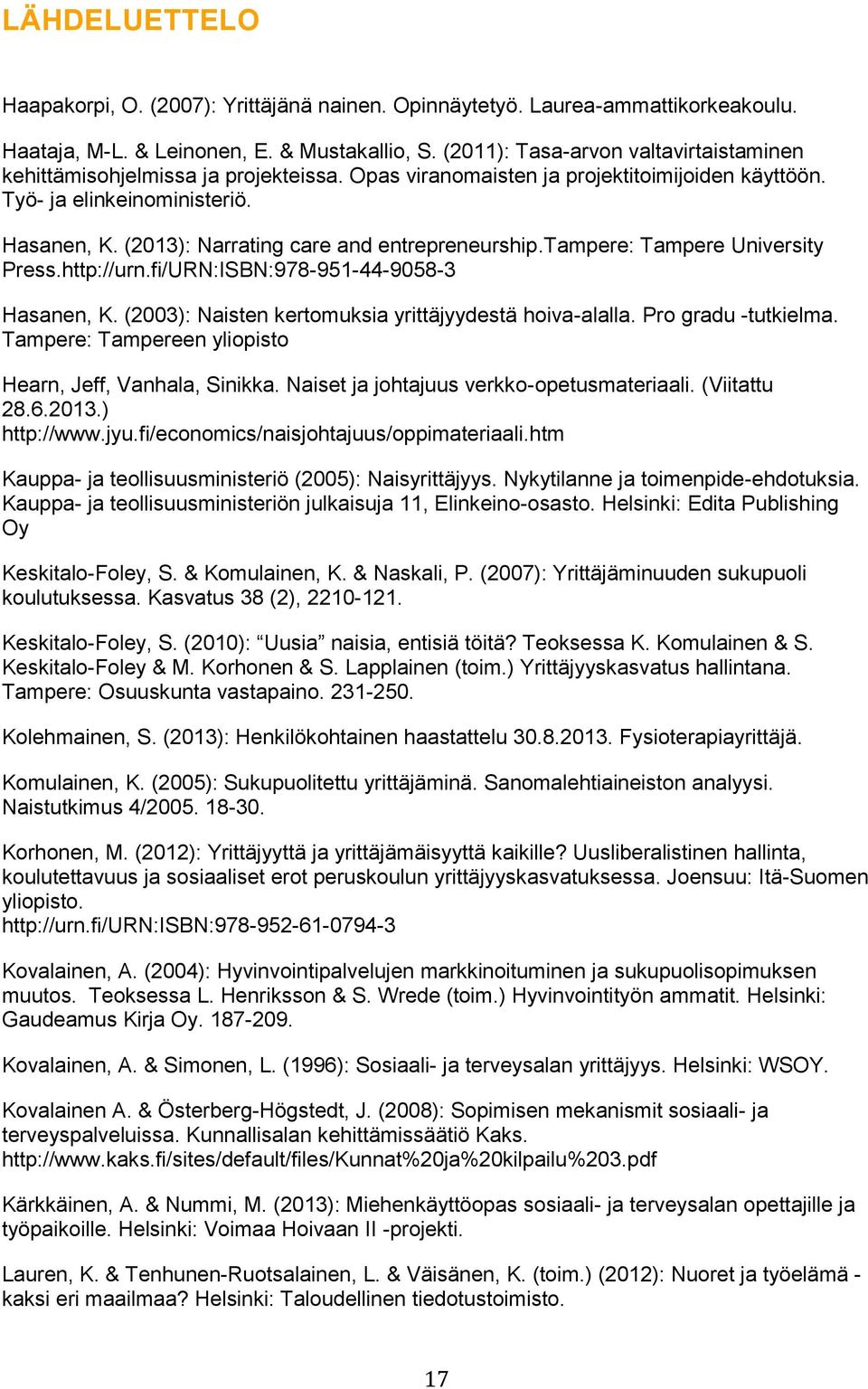 (2013): Narrating care and entrepreneurship.tampere: Tampere University Press.http://urn.fi/URN:ISBN:978-951-44-9058-3 Hasanen, K. (2003): Naisten kertomuksia yrittäjyydestä hoiva-alalla.