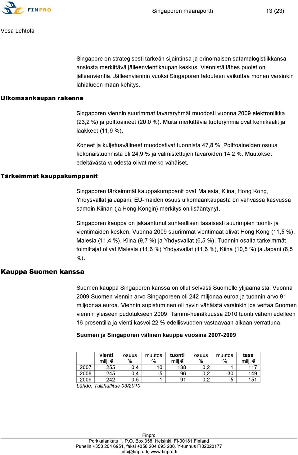 Ulkomaankaupan rakenne Singaporen viennin suurimmat tavararyhmät muodosti vuonna 2009 elektroniikka (23,2 %) ja polttoaineet (20,0 %).