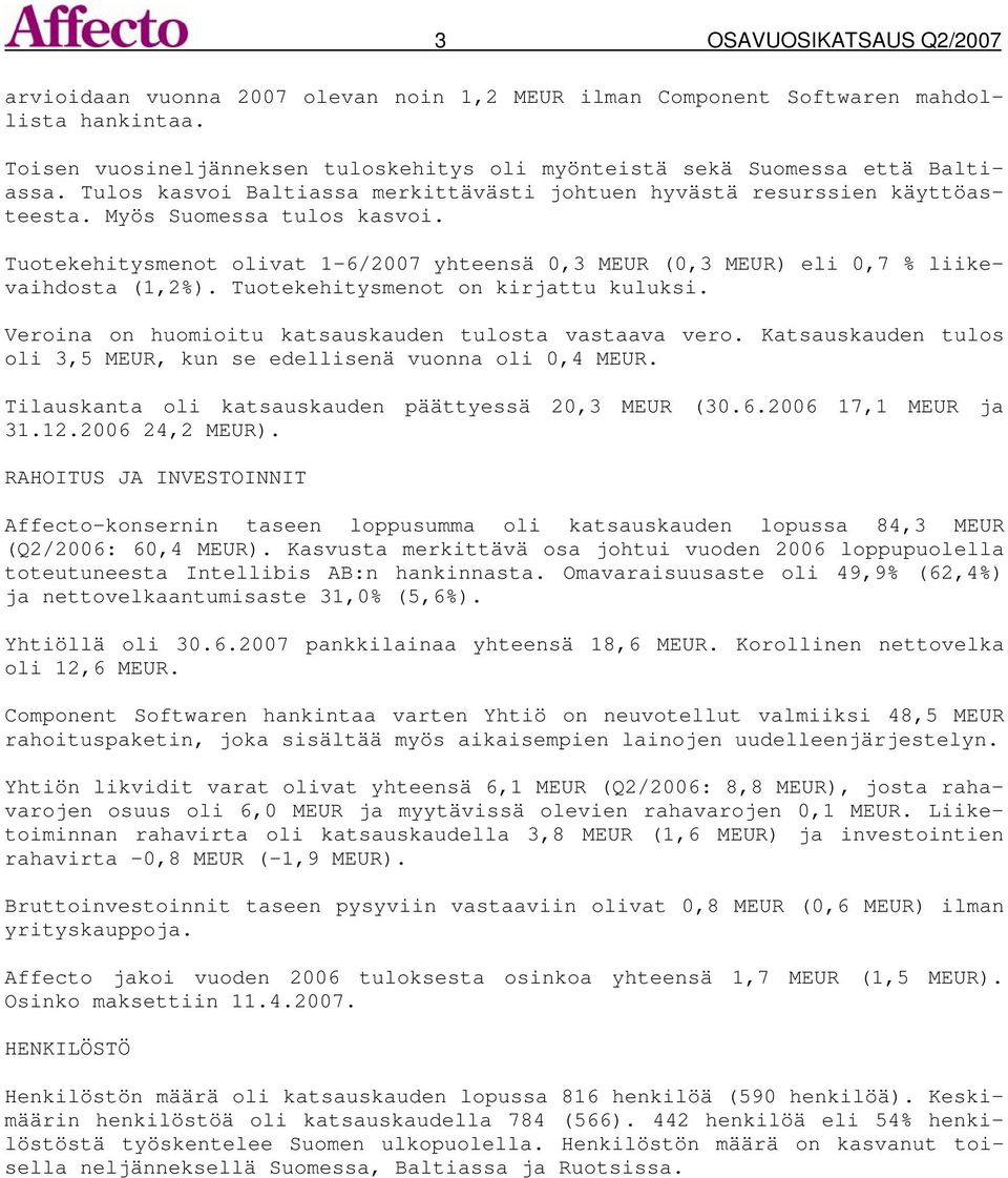 Tuotekehitysmenot olivat 1-6/2007 yhteensä 0,3 MEUR (0,3 MEUR) eli 0,7 % liikevaihdosta (1,2%). Tuotekehitysmenot on kirjattu kuluksi. Veroina on huomioitu katsauskauden tulosta vastaava vero.