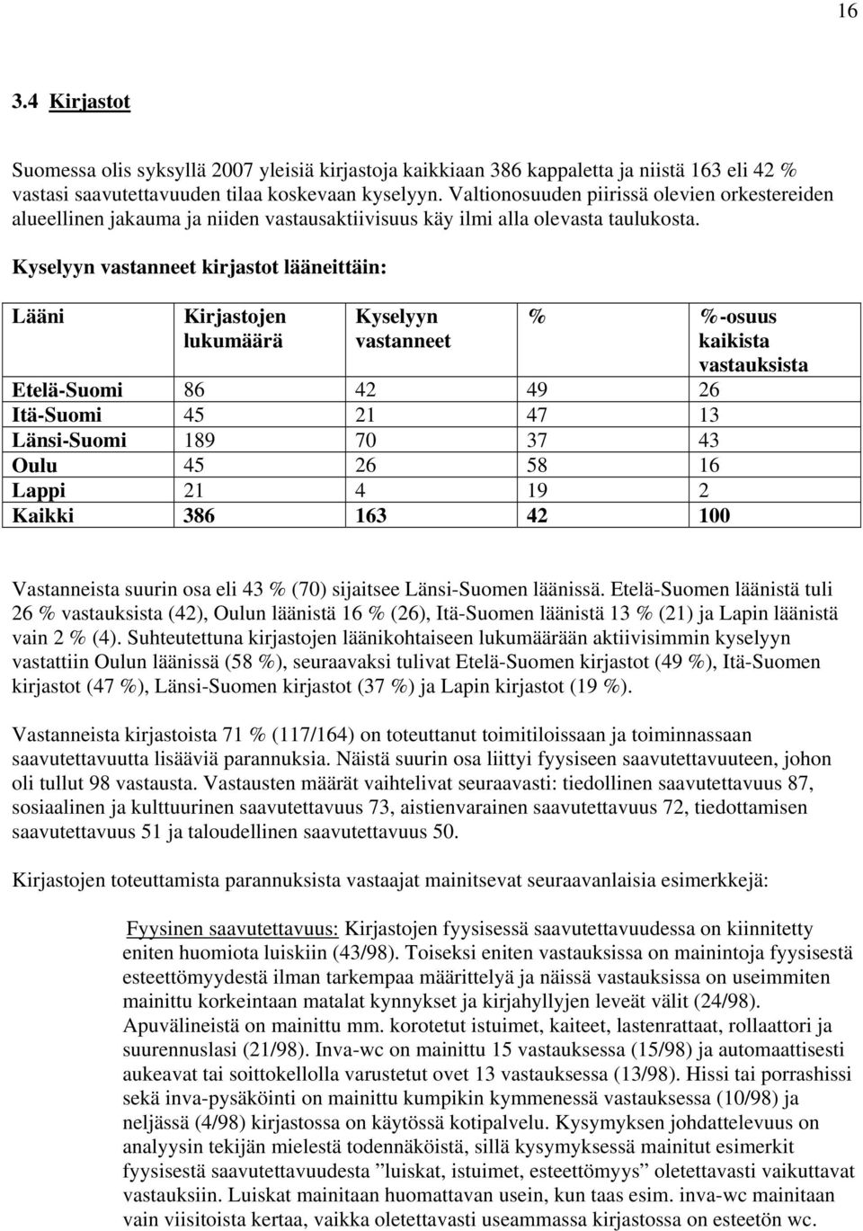 Kyselyyn vastanneet kirjastot lääneittäin: Lääni Kirjastojen lukumäärä Kyselyyn vastanneet % %-osuus kaikista vastauksista Etelä-Suomi 86 42 49 26 Itä-Suomi 45 21 47 13 Länsi-Suomi 189 70 37 43 Oulu