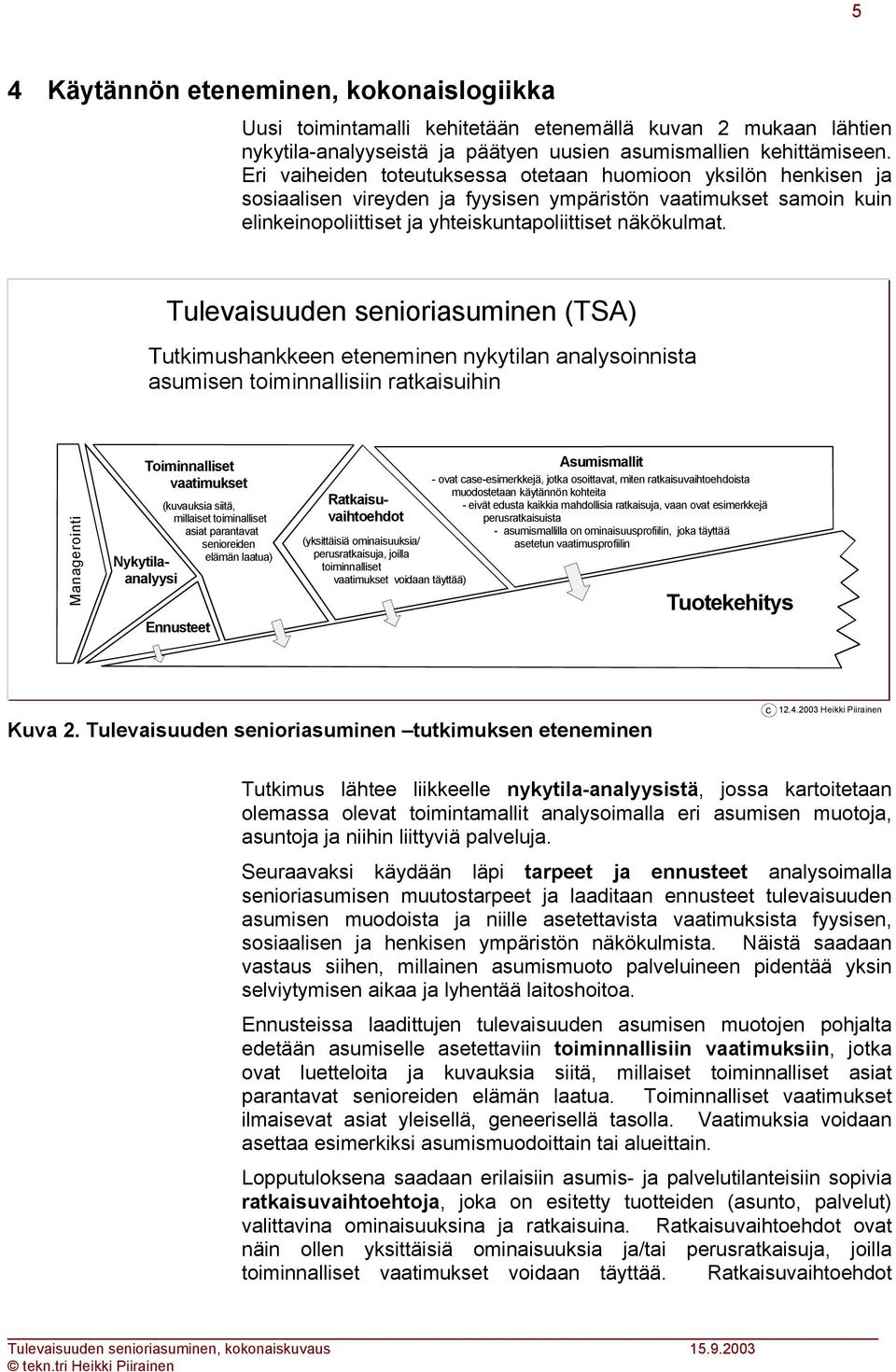 Tulevaisuuden senioriasuminen (TSA) Tutkimushankkeen eteneminen nykytilan analysoinnista asumisen toiminnallisiin ratkaisuihin Managerointi Toiminnalliset vaatimukset Ennusteet (kuvauksia siitä,