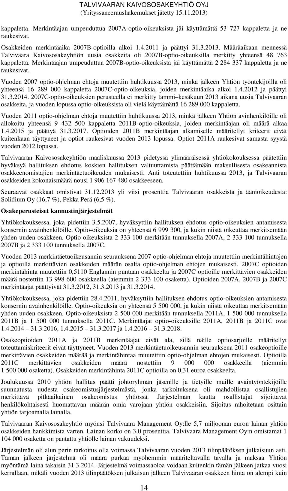 Merkintäajan umpeuduttua 2007B-optio-oikeuksista jäi käyttämättä 2 284 337 kappaletta ja ne raukesivat.