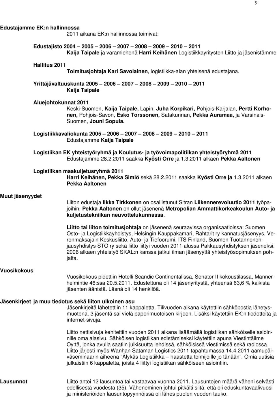 Yrittäjävaltuuskunta 2005 2006 2007 2008 2009 2010 2011 Kaija Taipale Aluejohtokunnat 2011 Keski-Suomen, Kaija Taipale, Lapin, Juha Korpikari, Pohjois-Karjalan, Pertti Korhonen, Pohjois-Savon, Esko