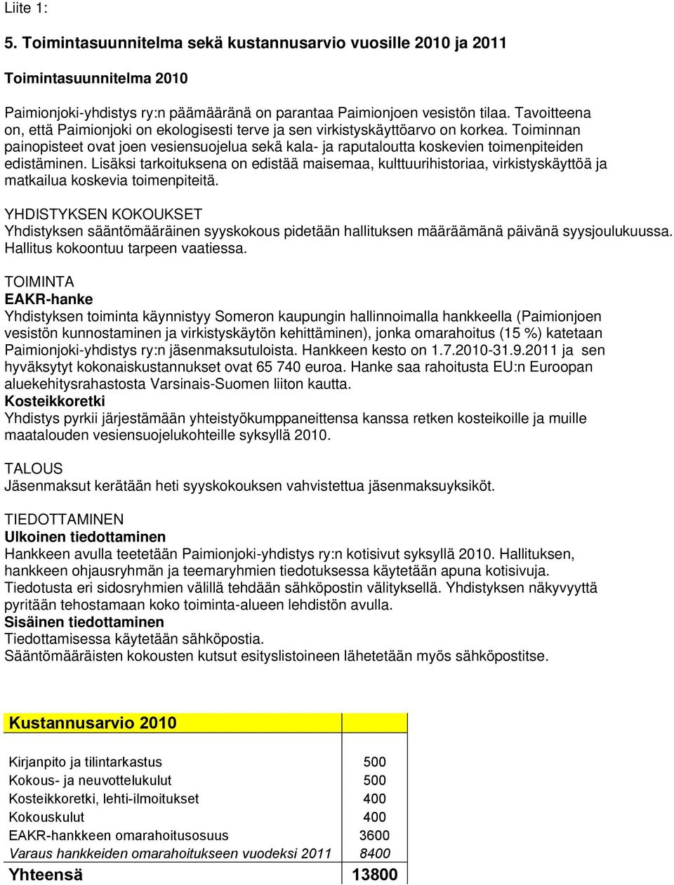 Toiminnan painopisteet ovat joen vesiensuojelua sekä kala- ja raputaloutta koskevien toimenpiteiden edistäminen.