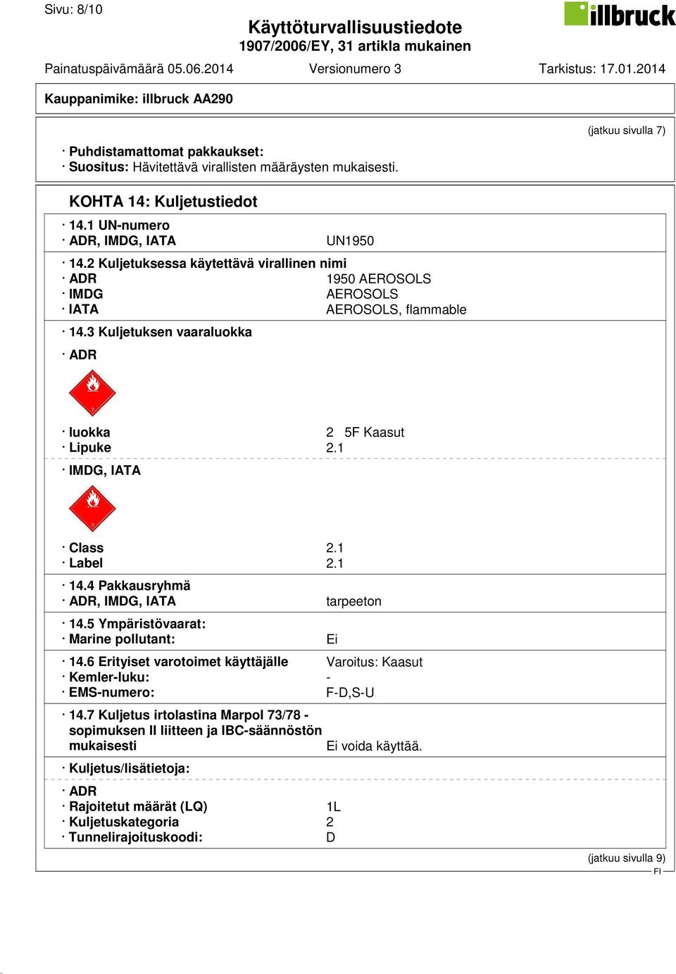 1 14.4 Pakkausryhmä ADR, IMDG, IATA tarpeeton 14.5 Ympäristövaarat: Marine pollutant: Ei 14.6 Erityiset varotoimet käyttäjälle Varoitus: Kaasut Kemler-luku: - EMS-numero: F-D,S-U 14.